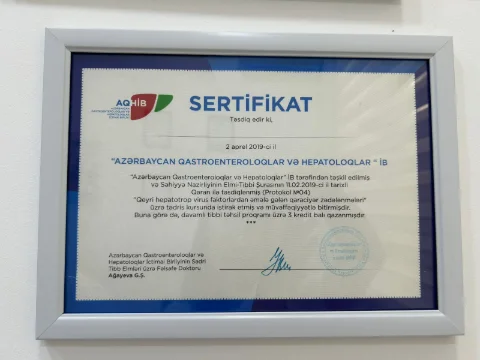 AQHİB — “Qeyri-hepatotrop virus faktorlardan əmələ gələn qaraciyər zədələnmələri” kursunun sertifikatı, 2019