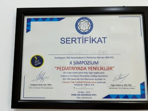 Azərbaycan Tibb Assosiasiyasının Pediatriya Dərnəyi — “Pediatriyada yeniliklər” X simpoziumunda iştirak sertifikatı, Aslanova Xatirə, 2019
