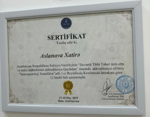 Azərbaycan Tibb Universiteti — “İmmunpatoloji xəstəliklər” 1-ci Beynəlxalq Konfransının sertifikatı, 2019