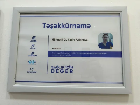 Nobel İlaç şirkətinin COVID-19 ilə mübarizəyə görə Dr. Xatirə Aslanovaya təşəkkürnaməsi, aprel 2020