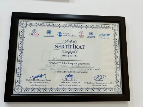 “PROACT” təlim proqramı çərçivəsində COVID-19 xəstələrin xəstəxanada idarə olunmasına dair 20 saatlıq təlimin sertifikatı — Aslanova Xatirə